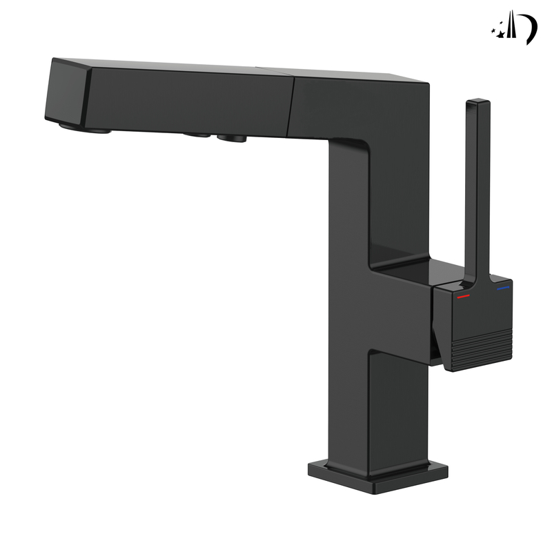 Samliyu Badezimmer Wasserhähne für Waschbecken 1 Loch, eingriff Down Badewaschbecken Wasserhahn mit 2 Modi, 360 ° Rotaty mit Auszug Sprühgerät, moderne Waschbecken Wasserhahn Schwarz BF04006-N1-MB