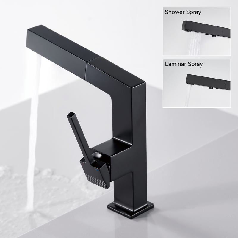 Samliyu Badezimmer Wasserhähne für Waschbecken 1 Loch, eingriff Down Badewaschbecken Wasserhahn mit 2 Modi, 360 ° Rotaty mit Auszug Sprühgerät, moderne Waschbecken Wasserhahn Schwarz BF04006-N1-MB