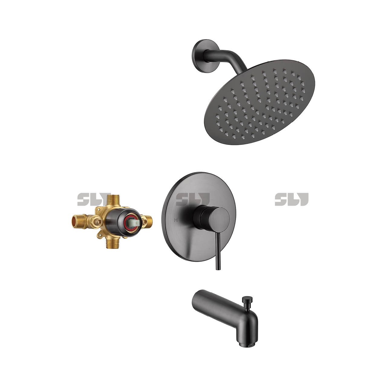 SLY Shower System Duscharmatur-Set aus gebürstetem Gold mit Wannenauslauf (Ventil enthalten) Multifunktions-Duschwannen-Kombination zur Wandmontage