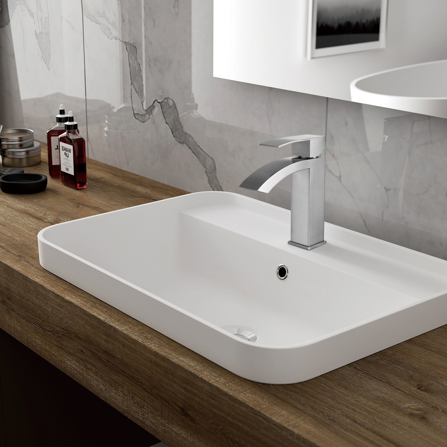 Sly Edelstahl moderner Wasserfall Waschbecken Wasserhahn Eingang Einer Griff Heißer Kaltwassermixerbecken