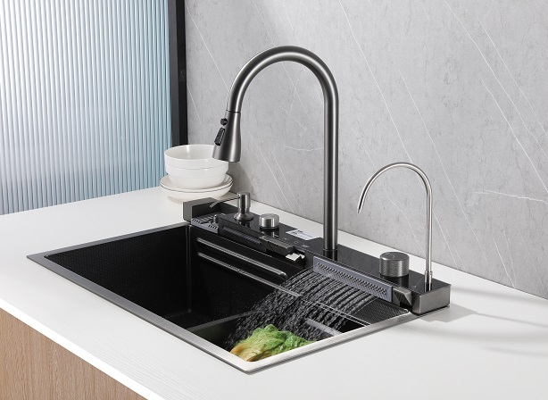 Sly hochwertige gebürstete Pistole Metall Küche Spüle Modernes Wasserfall Spülbecken Smart Hand Made Küchenspüle Fregadero