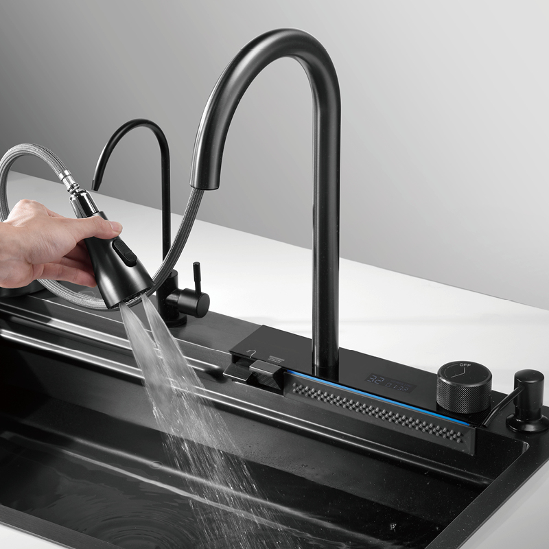 Samliyu küchenwasserfall unter dem Haus Große Einwaschbecken S.S304 gebürstete Waffen -Waschbecken Key Hai Digitale Anzeige Flieger Regen Wasserhahn