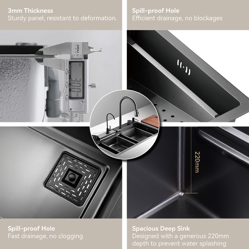 Samliyu küchenwasserfall unter dem Haus Große Einwaschbecken S.S304 gebürstete Waffen -Waschbecken Key Hai Digitale Anzeige Flieger Regen Wasserhahn