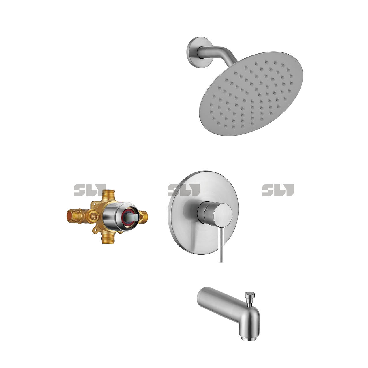 SLY Shower System Duscharmatur-Set aus gebürstetem Gold mit Wannenauslauf (Ventil enthalten) Multifunktions-Duschwannen-Kombination zur Wandmontage